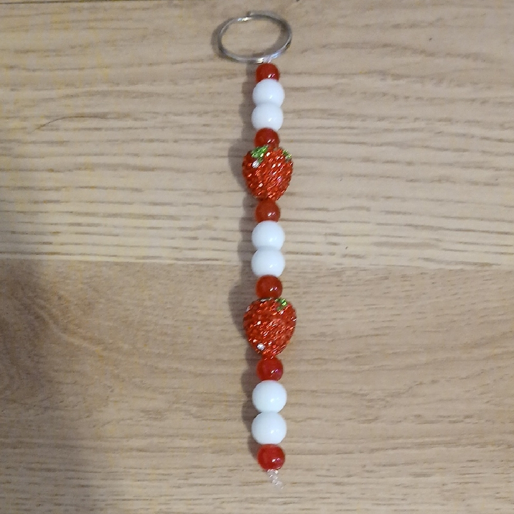 Handmade Strawberry Bead Keychain - Red & White